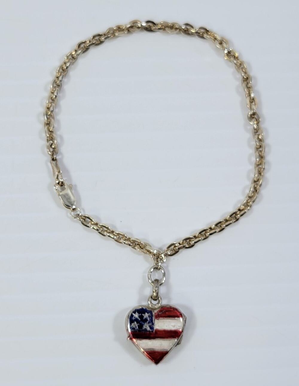 *B) Sterling Silver 925 Charm Bracelet With American Flag Heart Enamel Locket